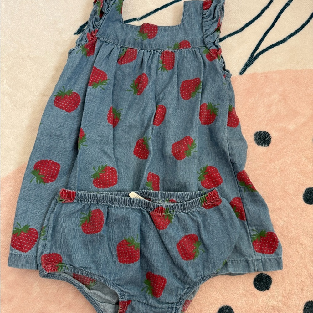 Strawberry Print Denim Baby Dress and Bloomers